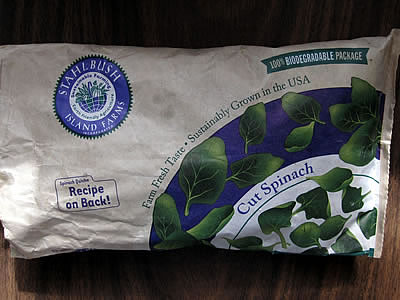 Stahlbush Island Farms biodegradable frozen spinach bag